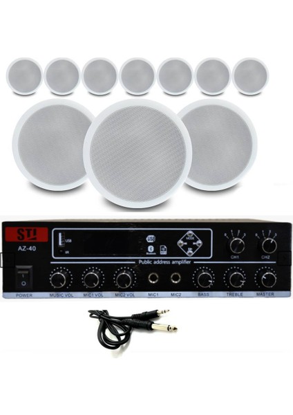 10’lu Beyaz Tavan Hoparlörlü 100V Anfi Ses Sistemi | Kafe Mağaza Ofis Müzik Seti