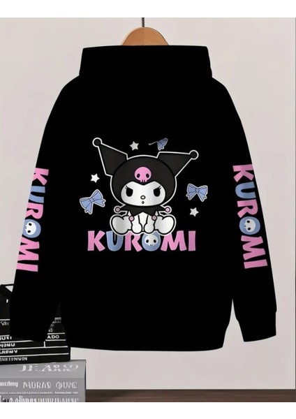 Punıx Kıds Özel Tasarım Kuromi Sırt ve Kol Baskılı Kışlık Kalın Kapüşonlu Kız Çocuk Sweatshırt
