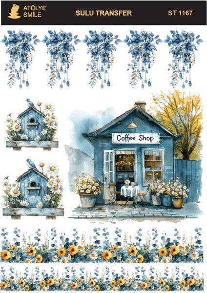 ST1167 Coffee Shop, Çiçek Desenli Açık Zemin Sulu Transfer 25*35 cm