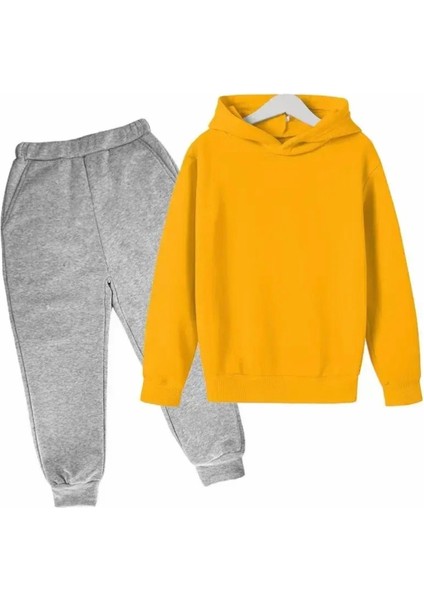 Özel Tasarım Kapüşonlu Baskısız Düz Renk %100 Pamuk Erkek-Kız Çocuk Unısex Kışlık Eşofman Takımı