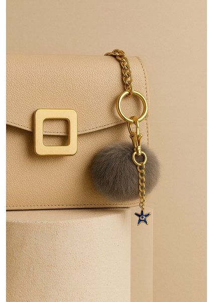 Peluş Pofuduk Ponpon Puf Antrasit Tüylü Mavi Nazar Boncuğu Yıldızlı Ev Ofis Araba Telefon Cüzdan Çanta Anahtarlık