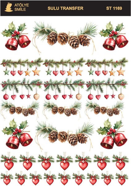 ST1169 Yeniyıl, Garland, Kokina, Kalp Desenli Açık Zemin Sulu Transfer 25*35 cm