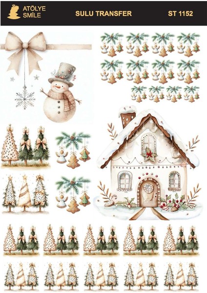 ST1152 Yeniyıl Figürleri, Kardan Adam Desenli Açık Zemin Sulu Transfer 25*35 cm