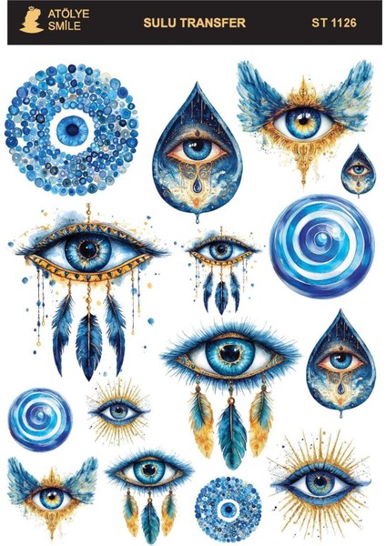 ST1126 Mavi, Nazar, Göz, Evileye Açık Zemin Sulu Transfer 25*35 cm