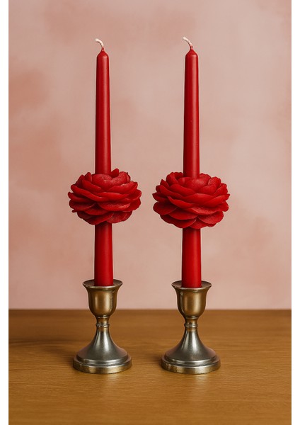 Home Luma 2'li Şakayık Süslü Kırmızı Şamdan Mum