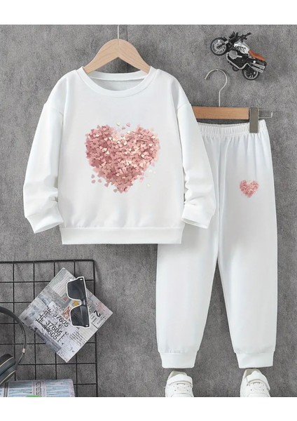 Özel Tasarım Pembe Minimal Kalpler Baskılı Yuvarlak Yaka %100 Pamuk Kışlık Kız Çocuk Şık Eşofman Takımı