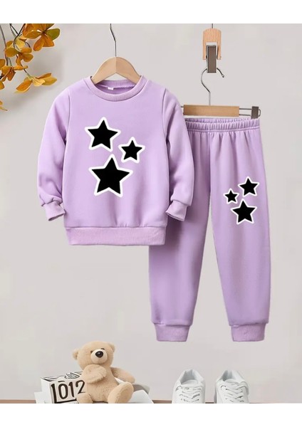 Özel Tasarım Yuvarlak Yaka Üç Yıldız Baskılı %100 Pamuk Kışlık Kız Çocuk Trend Eşofman Takımı