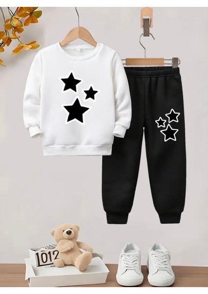 Özel Tasarım Yuvarlak Yaka Üç Yıldız Baskılı %100 Pamuk Kışlık Kız Çocuk Trend Eşofman Takımı