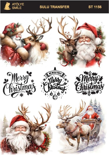 ST1156 Yeniyıl, Kaligrafik Yazı, Noel Baba Desenli Açık Zemin Sulu Transfer 25*35 cm