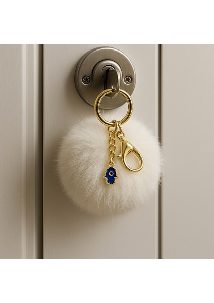 Peluş Pofuduk Ponpon Puf Beyaz Tüylü Mavi Nazar Boncuklu Ev Ofis Araba Telefon Cüzdan Çanta Anahtarlık