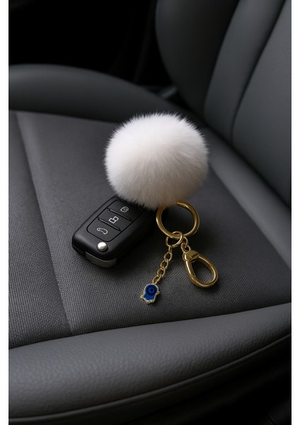 Peluş Pofuduk Ponpon Puf Beyaz Tüylü Mavi Nazar Boncuklu Ev Ofis Araba Telefon Cüzdan Çanta Anahtarlık modelleri