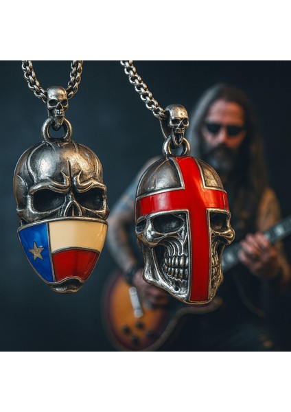 Motorcu Tarz – Kırmızı Haç Kurukafa / Bayrak Desenli ve Biker Erkek Kafatası Kolye