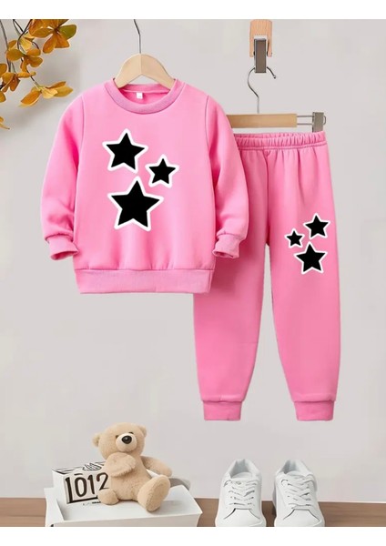 Özel Tasarım Yuvarlak Yaka Üç Yıldız Baskılı %100 Pamuk Kışlık Kız Çocuk Trend Eşofman Takımı