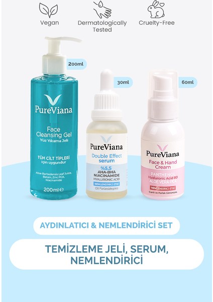 Aydınlatıcı & Nemlendirici Cilt Bakım Seti – 3’lü – Temizleme, Serum, Nemlendirici
