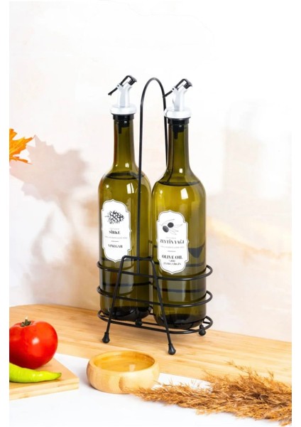 3 Parça 750 ml Cam Yağlık & Sirkelik Seti – Metal Standlı, Damlatmaz Başlıklı Cam Yağdanlık