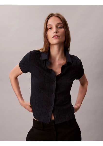 Kısa Kollu Tamamı Baskılı Jakarlı Polo Kadın Mavi T-Shirt LV044D209G-CEF fiyatları