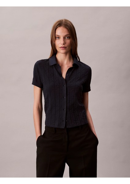 Kısa Kollu Tamamı Baskılı Jakarlı Polo Kadın Mavi T-Shirt LV044D209G-CEF modelleri