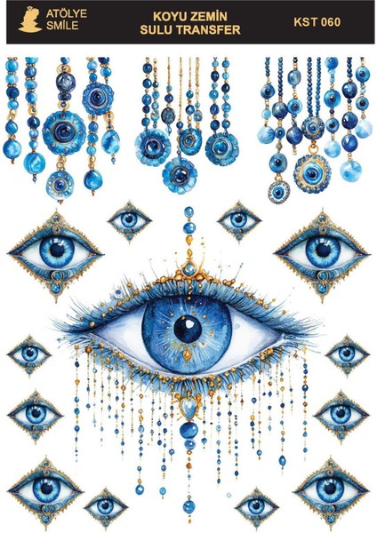 KST060 Mavi, Göz, Nazar Desenli Koyu Zemin Sulu Transfer 25*35 cm