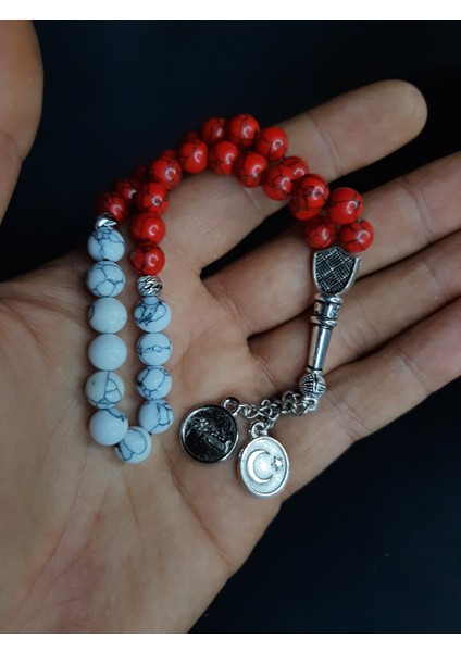 Mryart Kırmızı Beyaz Havlit Taşı Doğal Taş ve Ay Yıldız , Atatürk Imzalı Metal Uçlardan Oluşan Tesbih fiyatları