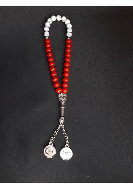 Mryart Kırmızı Beyaz Havlit Taşı Doğal Taş ve Ay Yıldız , Atatürk Imzalı Metal Uçlardan Oluşan Tesbih fırsatları