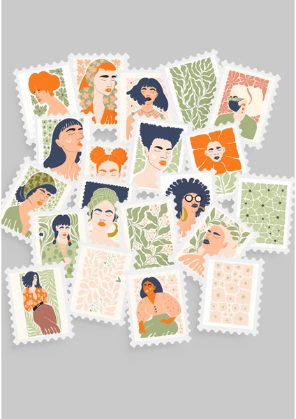 Kadın & Çiçek Temalı Pul Sticker Seti 20'li - Bullet Journal Ajanda Scrapbook