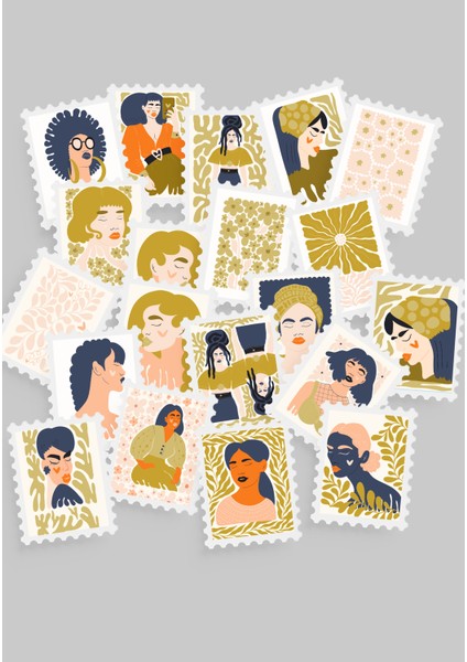 Kadın & Çiçek Temalı Pul Sticker Seti 20'li - Bullet Journal Ajanda Scrapbook