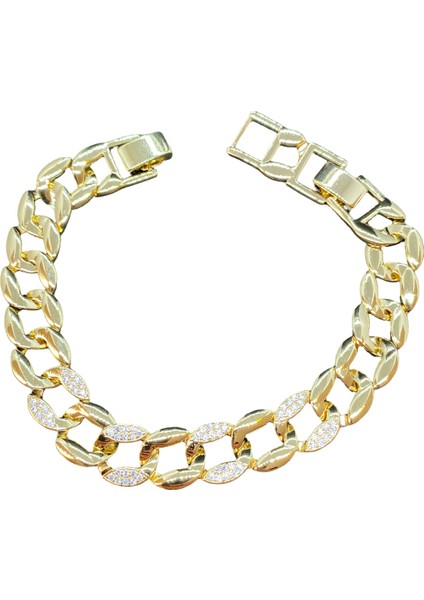 Xupıng Gold Renk Trend Zincir Model Metal Kısımlar Altın Renk Zirkon Taşlı 19 cm Uzunluğunda 10 Mm. Genişliginde Xupıng Bileklik (Kod XP2652)