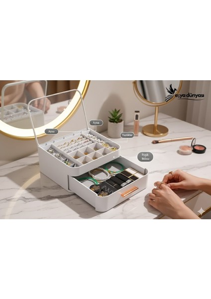 Aynalı Çok Gözlü Takı Organizeri Kutusu – Tek Çekmeceli Mücevher Saklama ve Makyaj Düzenleyici Ayna