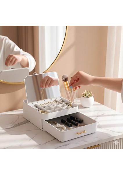 Aynalı Çok Gözlü Takı Organizeri Kutusu – Tek Çekmeceli Mücevher Saklama ve Makyaj Düzenleyici Ayna fiyatları