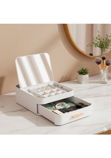 Aynalı Çok Gözlü Takı Organizeri Kutusu – Tek Çekmeceli Mücevher Saklama ve Makyaj Düzenleyici Ayna modelleri