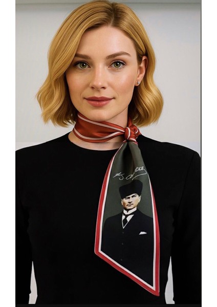 Atatürk Fotoğraflı ve Imzalı Türk Bayraklı Kravat / Eşarp / Fular