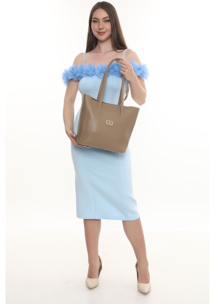 Sütlü Kahve Fermuarlı Uzun Saplı Deri Çanta