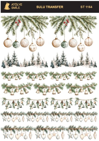 ST1164 Yeniyıl Süsleri, Garland Desenli Açık Zemin Sulu Transfer 25*35 cm