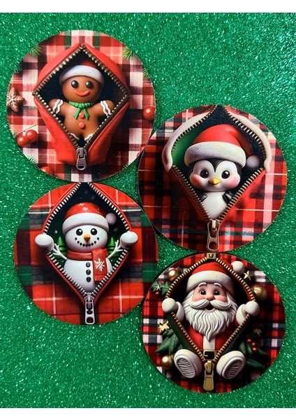 Zencefilli Kurabiye, Penguen, Kardan Adam ve Noel Baba 4'lü Bardak Altlığı Seti - Sünger Taban