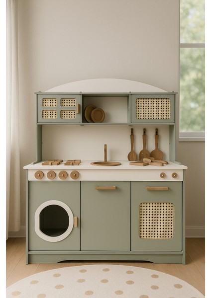 Ahşap Yeşil Çocuk Mutfak Seti LED Hediyeli