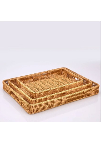 Dikdörtgen 3'lü Hasır Tepsi Seti | El Yapımı Dekoratif Sunum ve Servis Tepsisi
