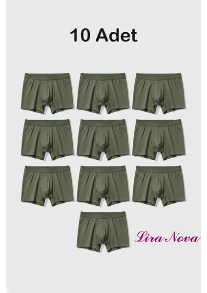 10 Adet Haki Soft Elastan Erkek Boxer %90 Pamuk %10 Elastan
