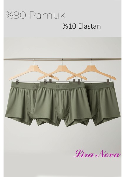 10 Adet Haki Soft Elastan Erkek Boxer %90 Pamuk %10 Elastan