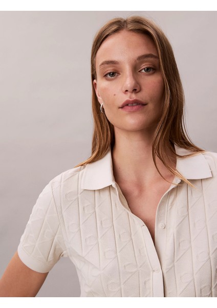 Kısa Kollu Tamamı Baskılı Jakarlı Polo Kadın Beyaz T-Shirt LV044D209G-67U indirimleri