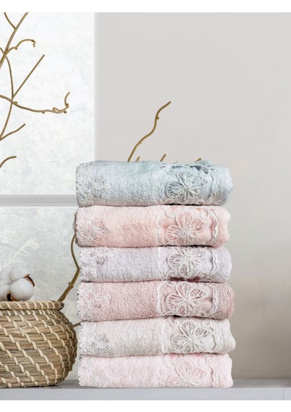 Bella Dantel Bambu Oyma Nakışlı 50X90 cm El Yüz Havlusu 6 Lı Pvc Kutulu