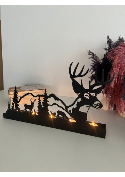 Geyik ve Dağ Temalı Metal Dekoratif Şamdan Mumluk