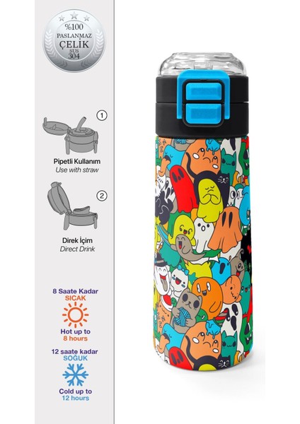 Siyah Karikatür Çizgili Desenli Pipetli ve Direkt Içim Çelik Termos 500 ml Okul Termos Matara