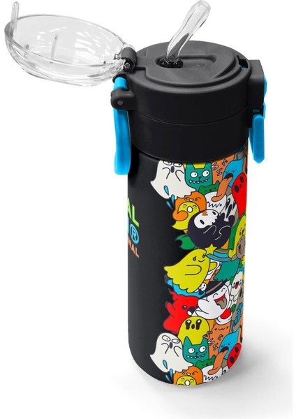 Siyah Karikatür Çizgili Desenli Pipetli ve Direkt Içim Çelik Termos 500 ml Okul Termos Matara indirimleri