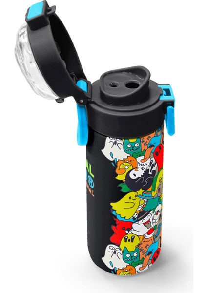 Siyah Karikatür Çizgili Desenli Pipetli ve Direkt Içim Çelik Termos 500 ml Okul Termos Matara