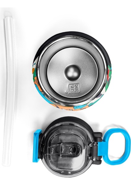 Siyah Karikatür Çizgili Desenli Pipetli ve Direkt Içim Çelik Termos 500 ml Okul Termos Matara