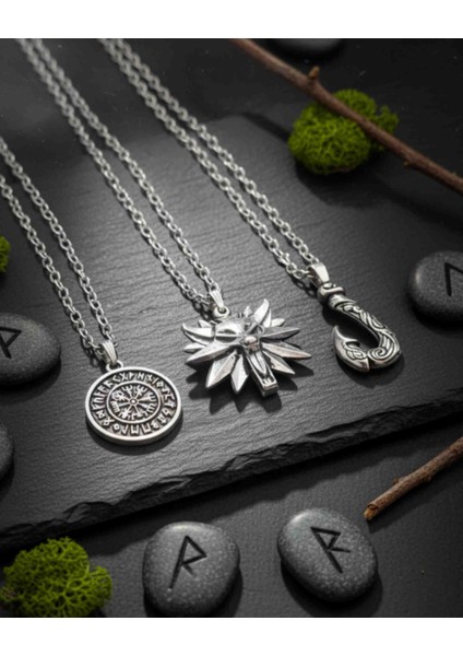 3'lü Kolye Kurt Kanca ve Pusula Tasarım 3'lü Erkek Kolye