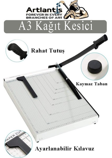 Giyotin Kağıt Kesme Makinesi A3 Metal Kollu Tablalı A5-A4-A3 Ayarlanabilir Sürgülü Paslanmaz Kaliteli