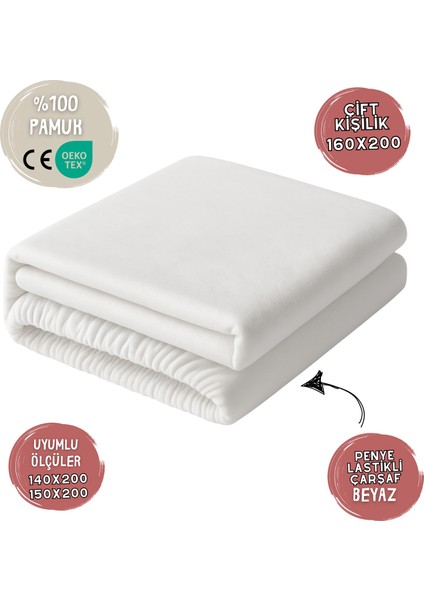 %100 Pamuk Likralı Lastikli Penye Çarşaf – Beyaz – Çift Kişilik (160X200) / 140X200 ve 150X200 ile De Uyumlu