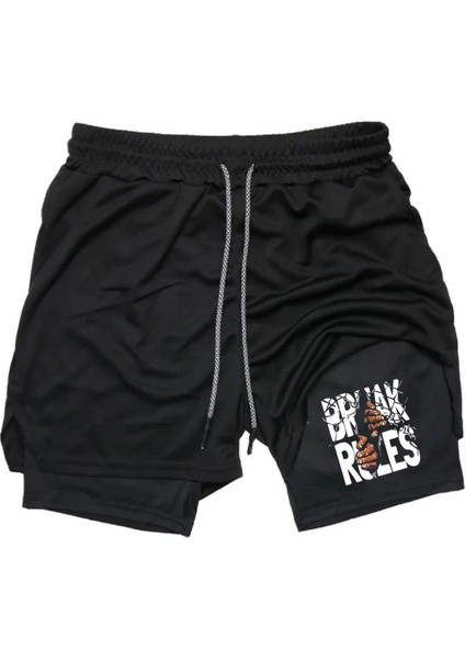 Hızlı Kuruyan 2 In 1 Yetişkin Unisex Spor Break Rules Baskılı Taytlı Şort Fitness Gym Antrenman Halı