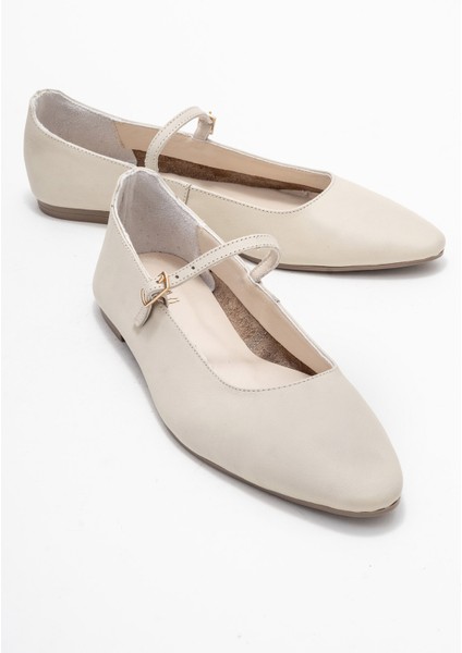Lunaıre Ekru Hakiki Deri Tek Bantlı Sivri Burun Kadın Babet Ayakkabı
